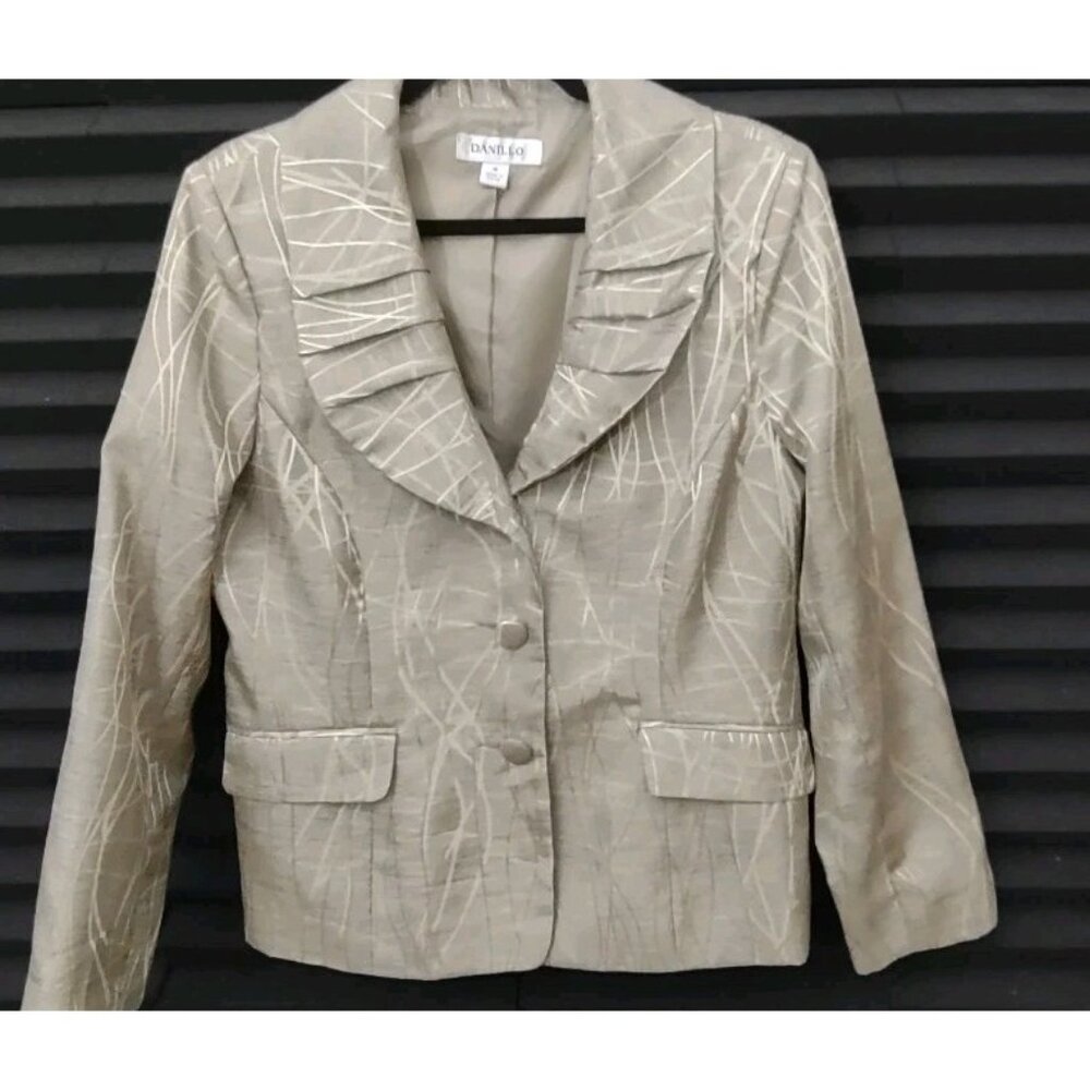 Danillo Women 2 Button Blazer Jacket Sage Green Gold Sz 14 Pleated Elegant Neck